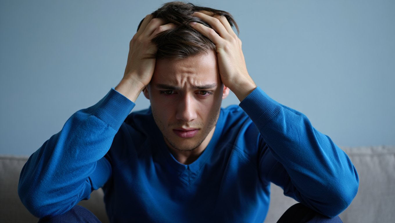 Изображение, показывающее генерализированное тревожное расстройство Мужчина держит двумя руками голову и волнуется