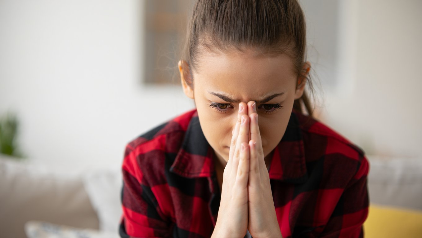 Изображение, показывающее генерализированное тревожное расстройство Девушка держит сложенные руки и волнуется