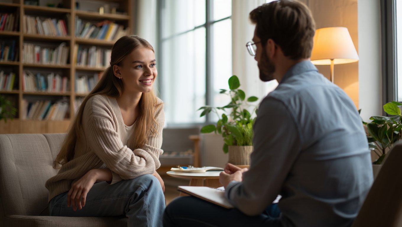 Девушка после успешного проведения према у психиатра Девушка и психиатр в успокаивающей обстановке